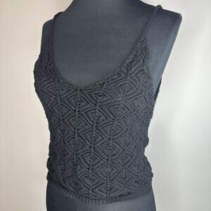 Y2k Revamped Black Chunky Knitted Crochet Cropped Cami Tank Top Sheer Small Goth